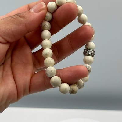 VTG Cream Marbled Beads Stretch Bracelet Silver Tone Rhinestone Spacer Jewelry - Thumbnail 6