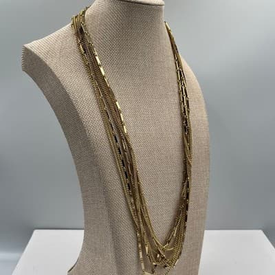 Vintage Gold Tone Fashion Multi Strand Chain Necklace Layered Bar Link Statement - Thumbnail 4