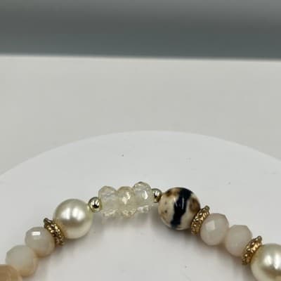 Vintage Neutral Beaded Stretch Bracelet Faux Pearl Gold Tone Mixed Beads Boho - Thumbnail 2