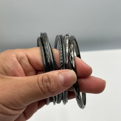 Vintage Mixed Metal Bangle Bracelet Lot Dark Tone Silver Gunmetal Textured Set - Thumbnail 6