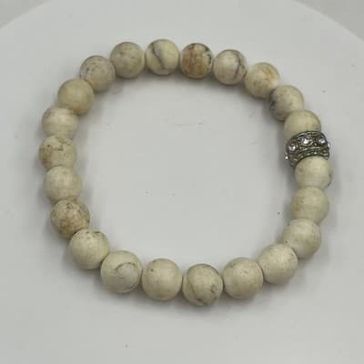 VTG Cream Marbled Beads Stretch Bracelet Silver Tone Rhinestone Spacer Jewelry - Thumbnail 4