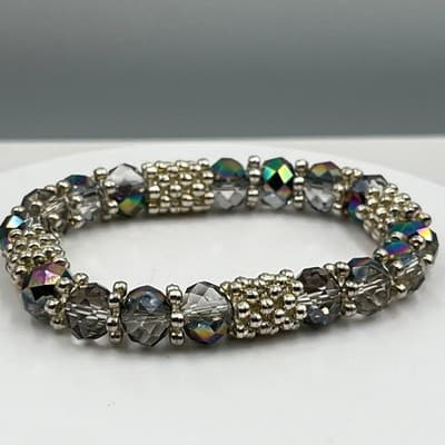 Vintage Iridescent Crystal Beaded Bracelet Silver Tone 7 Inch Aurora Borealis AB - Thumbnail 5