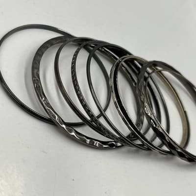 Vintage Mixed Metal Bangle Bracelet Lot Dark Tone Silver Gunmetal Textured Set - Thumbnail 3