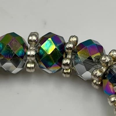 Vintage Iridescent Crystal Beaded Bracelet Silver Tone 7 Inch Aurora Borealis AB - Thumbnail 3
