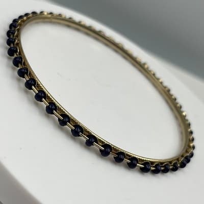 Vintage Gold Tone Bangle Bracelet Navy Blue Seed Bead Inlay Boho Stackable Gift - Thumbnail 3