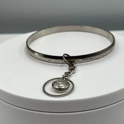 Vintage Silver Tone Bangle Bracelet Clear Faceted Crystal Dangle Charm Boho Gift - Thumbnail 4