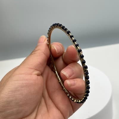 Vintage Gold Tone Bangle Bracelet Navy Blue Seed Bead Inlay Boho Stackable Gift - Thumbnail 5