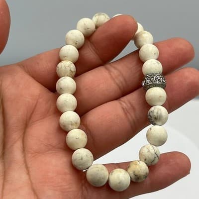 VTG Cream Marbled Beads Stretch Bracelet Silver Tone Rhinestone Spacer Jewelry - Thumbnail 5