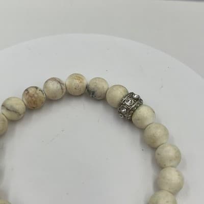 VTG Cream Marbled Beads Stretch Bracelet Silver Tone Rhinestone Spacer Jewelry - Thumbnail 2