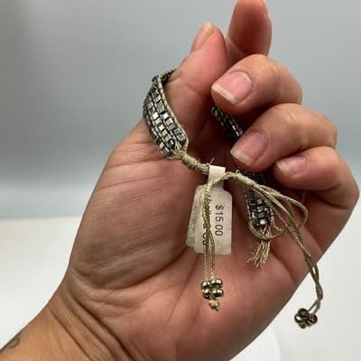 Vintage Shelly & Co Cord Bracelet Silver Tone Square Beads & Crystal Accent Rows - Thumbnail 5