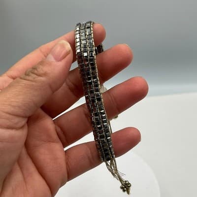 Vintage Shelly & Co Cord Bracelet Silver Tone Square Beads & Crystal Accent Rows - Thumbnail 4