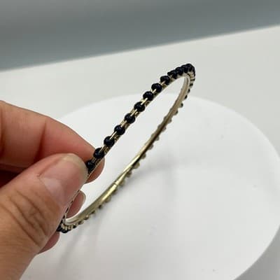 Vintage Gold Tone Bangle Bracelet Navy Blue Seed Bead Inlay Boho Stackable Gift - Thumbnail 4