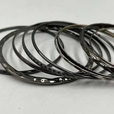 Vintage Mixed Metal Bangle Bracelet Lot Dark Tone Silver Gunmetal Textured Set - Thumbnail 2