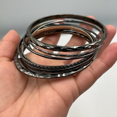 Vintage Mixed Metal Bangle Bracelet Lot Dark Tone Silver Gunmetal Textured Set - Thumbnail 4