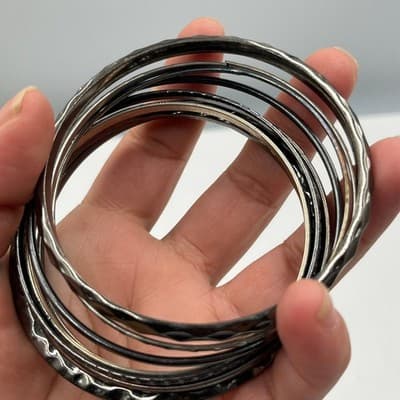 Vintage Mixed Metal Bangle Bracelet Lot Dark Tone Silver Gunmetal Textured Set - Thumbnail 5