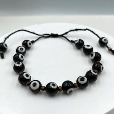 Vintage Black Evil Eye Bead Cord Bracelet Glass Beads Minimalist Boho Protection - Image 1