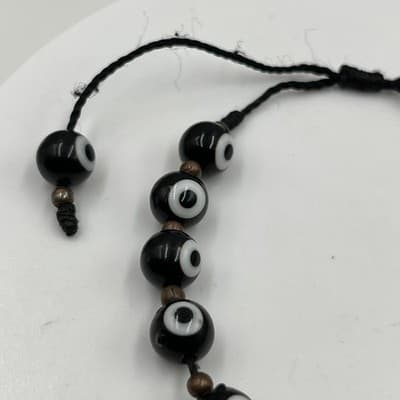 Vintage Black Evil Eye Bead Cord Bracelet Glass Beads Minimalist Boho Protection - Thumbnail 4