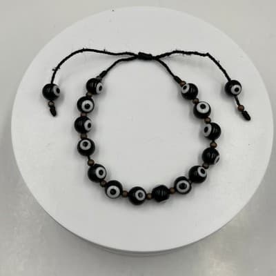 Vintage Black Evil Eye Bead Cord Bracelet Glass Beads Minimalist Boho Protection - Thumbnail 2