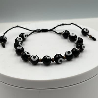 Vintage Black Evil Eye Bead Cord Bracelet Glass Beads Minimalist Boho Protection - Thumbnail 5