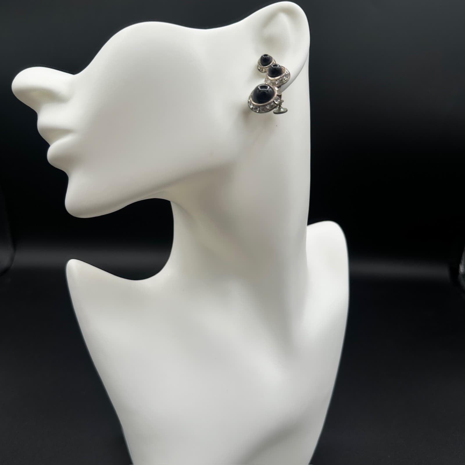 Vintage Rhinestone Crystal Silver Black Onyx Clip-On Stud Earrings 1.25'' Y2K - Thumbnail 4