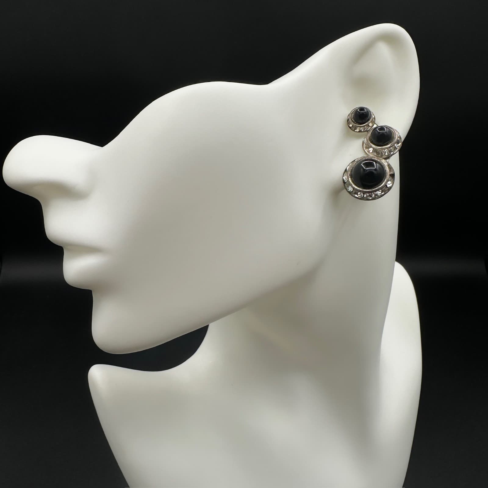 Vintage Rhinestone Crystal Silver Black Onyx Clip-On Stud Earrings 1.25'' Y2K - Thumbnail 3