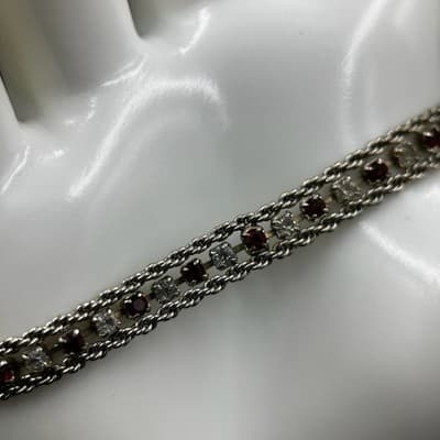Vintage Ruby & Clear White Rhinestone Silver Bracelet Jewelry 7" Y2K 90s 2000s - Thumbnail 4