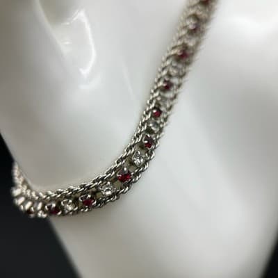 Vintage Ruby & Clear White Rhinestone Silver Bracelet Jewelry 7" Y2K 90s 2000s - Thumbnail 5