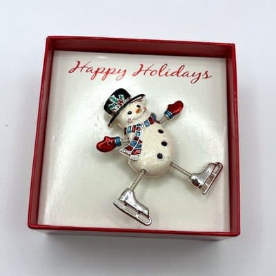 Vintage Sears Christmas Snowman Ice Skater Dangler Pin Brooch Moveable Arms Legs - Image 1