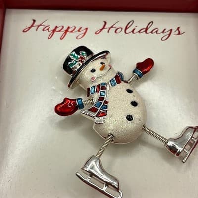 Vintage Sears Christmas Snowman Ice Skater Dangler Pin Brooch Moveable Arms Legs - Thumbnail 3