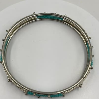 Vintage Silver Tone Bangle Bracelet Turquoise Blue Seed Bead Inlay Textured Boho - Thumbnail 2