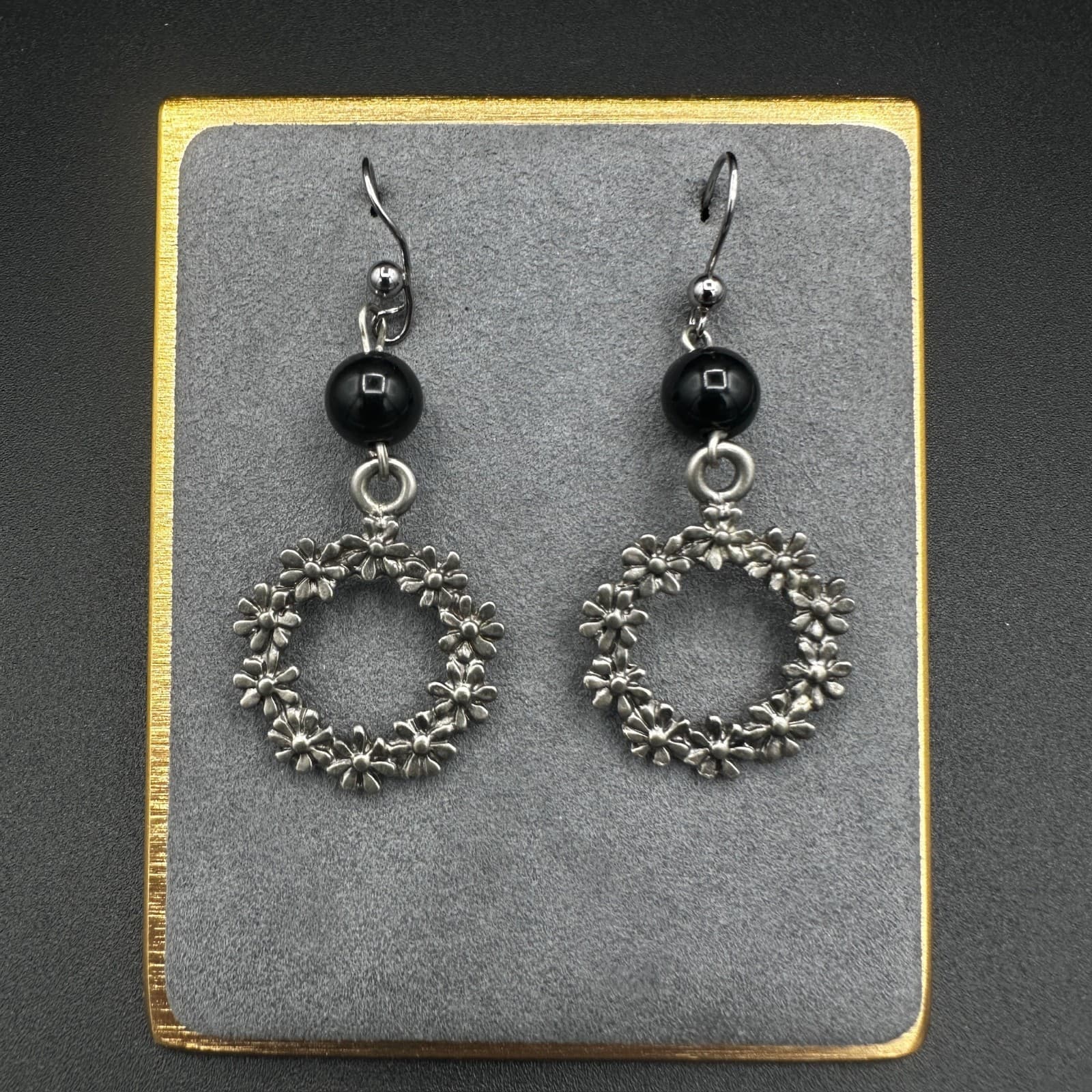 Vintage Sliver and Black Beads Gemstone Ear Wire Dangle Earrings Fashion 1.25'' - Thumbnail 4