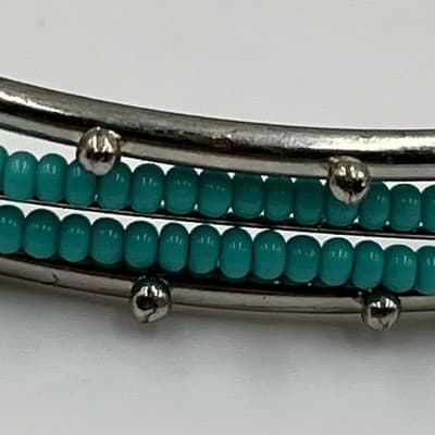 Vintage Silver Tone Bangle Bracelet Turquoise Blue Seed Bead Inlay Textured Boho - Thumbnail 4