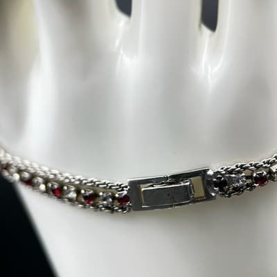 Vintage Ruby & Clear White Rhinestone Silver Bracelet Jewelry 7" Y2K 90s 2000s - Thumbnail 3