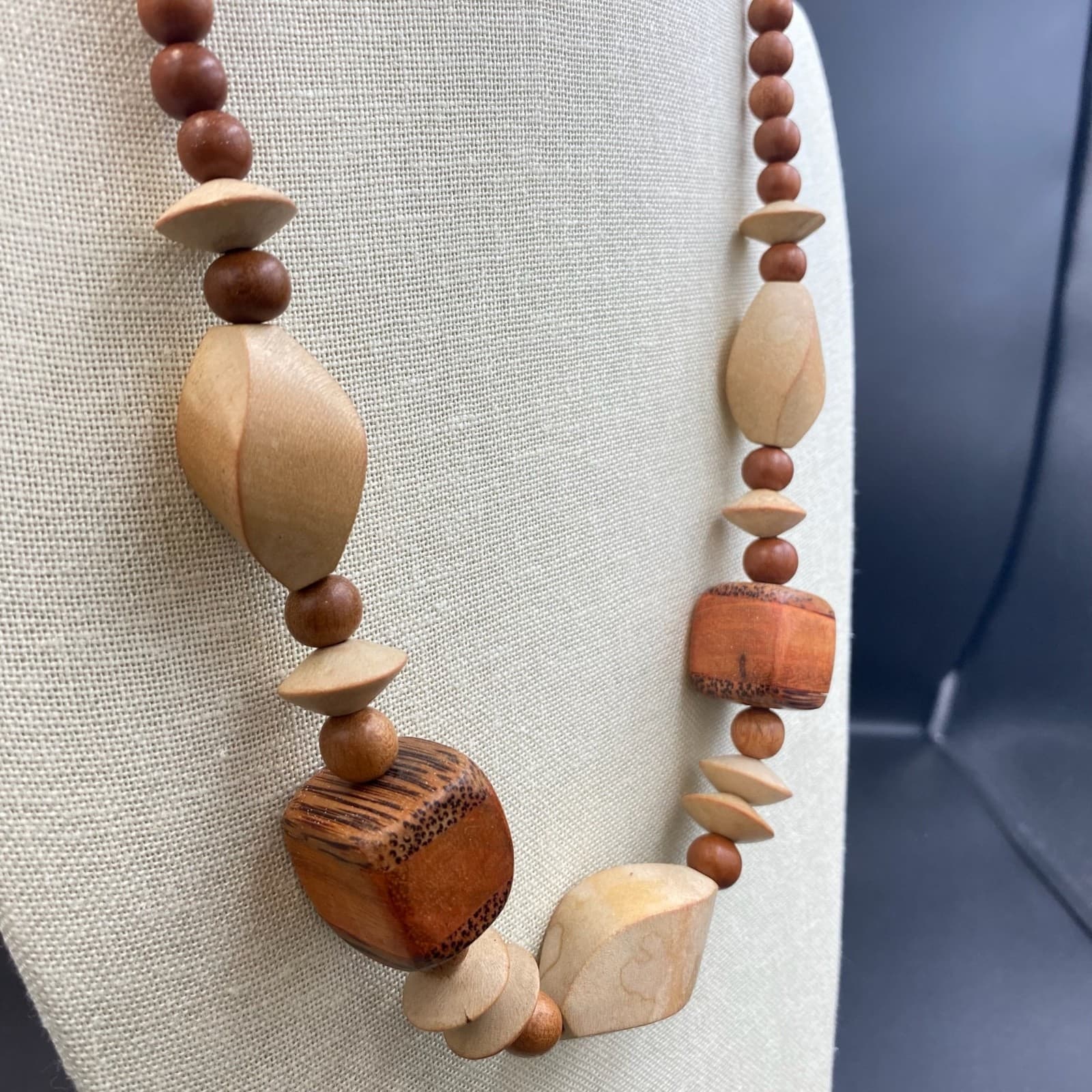 Vintage Chunky Geometric Carved Wood Bead Necklace Boho Tribal Statement - Thumbnail 3