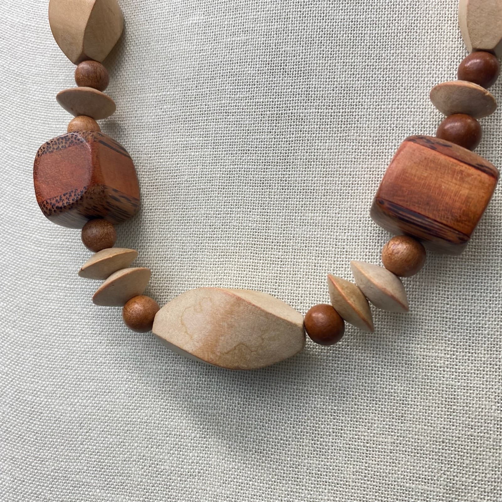 Vintage Chunky Geometric Carved Wood Bead Necklace Boho Tribal Statement - Thumbnail 5