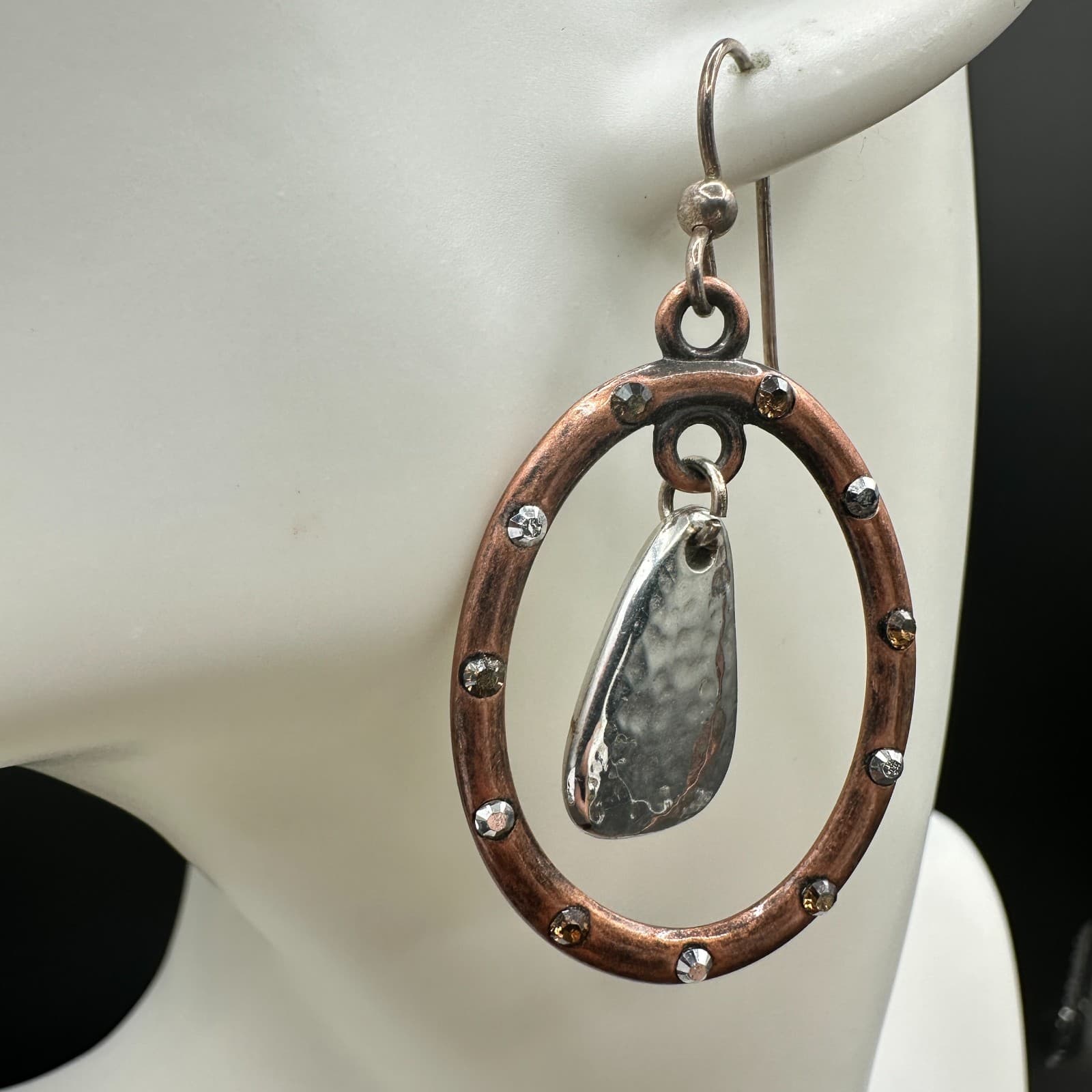 VTG Copper Oval Dangle Earrings Hammered Silver Drop Accent Rhinestone Hook Boho - Thumbnail 5