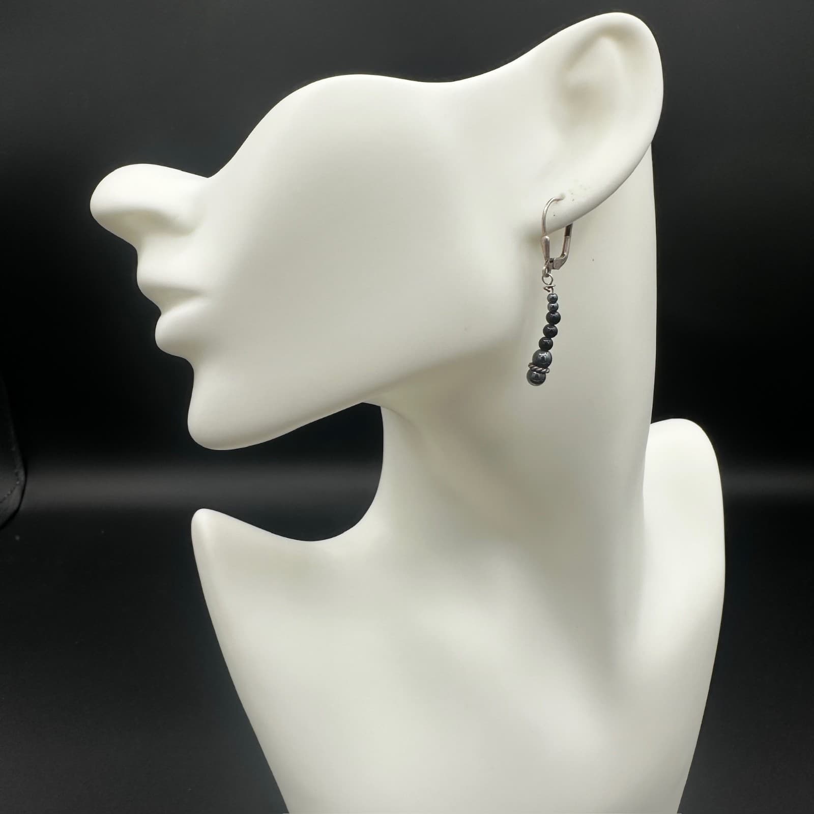 Vintage Black Beaded Lever back Dangle Earrings Silver tone Fashion Y2K - Thumbnail 5