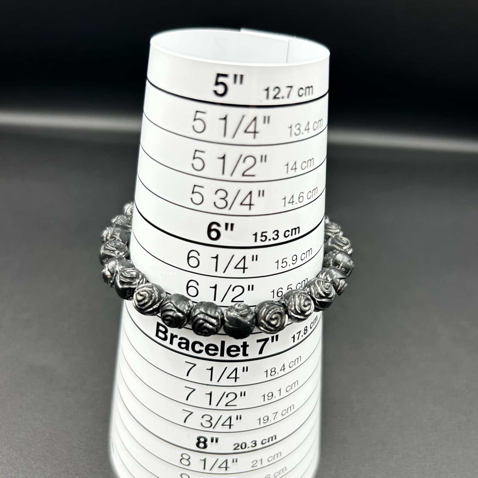 Vintage Beaded Bracelet Black Plastic Flowers Floral Stretch Single Strand Retro - Thumbnail 7