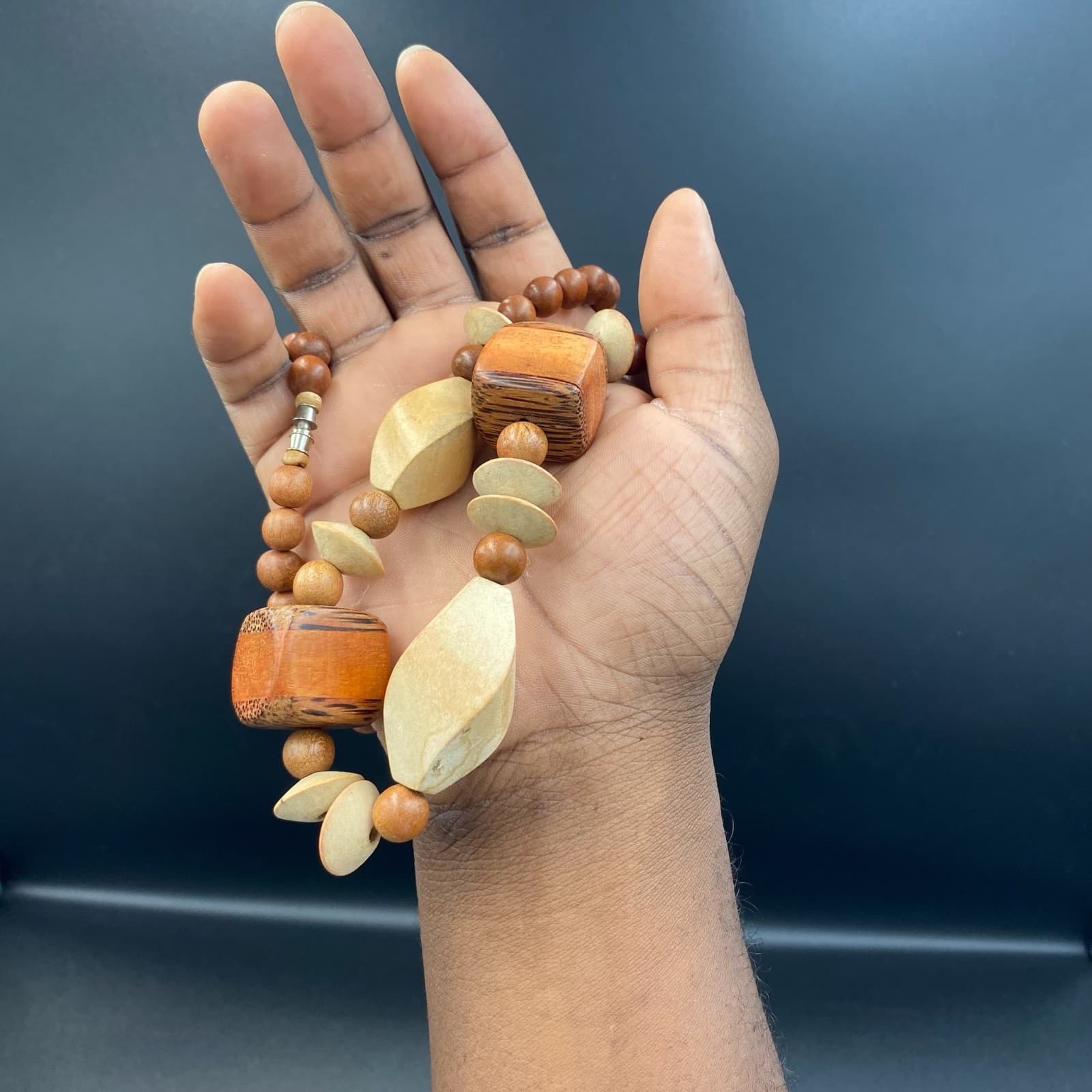 Vintage Chunky Geometric Carved Wood Bead Necklace Boho Tribal Statement - Thumbnail 8