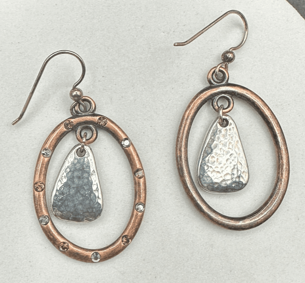 VTG Copper Oval Dangle Earrings Hammered Silver Drop Accent Rhinestone Hook Boho - Image 1