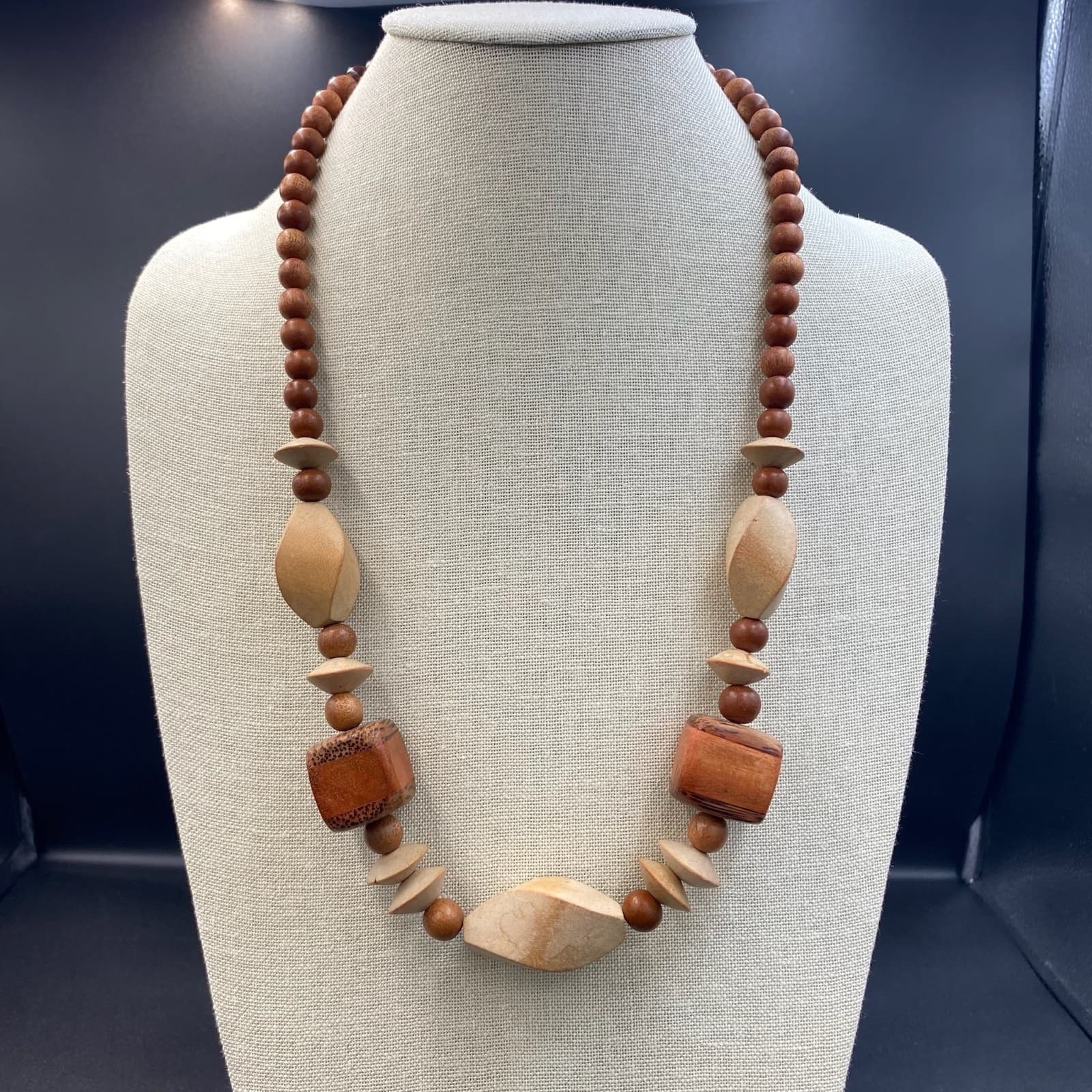 Vintage Chunky Geometric Carved Wood Bead Necklace Boho Tribal Statement - Thumbnail 2