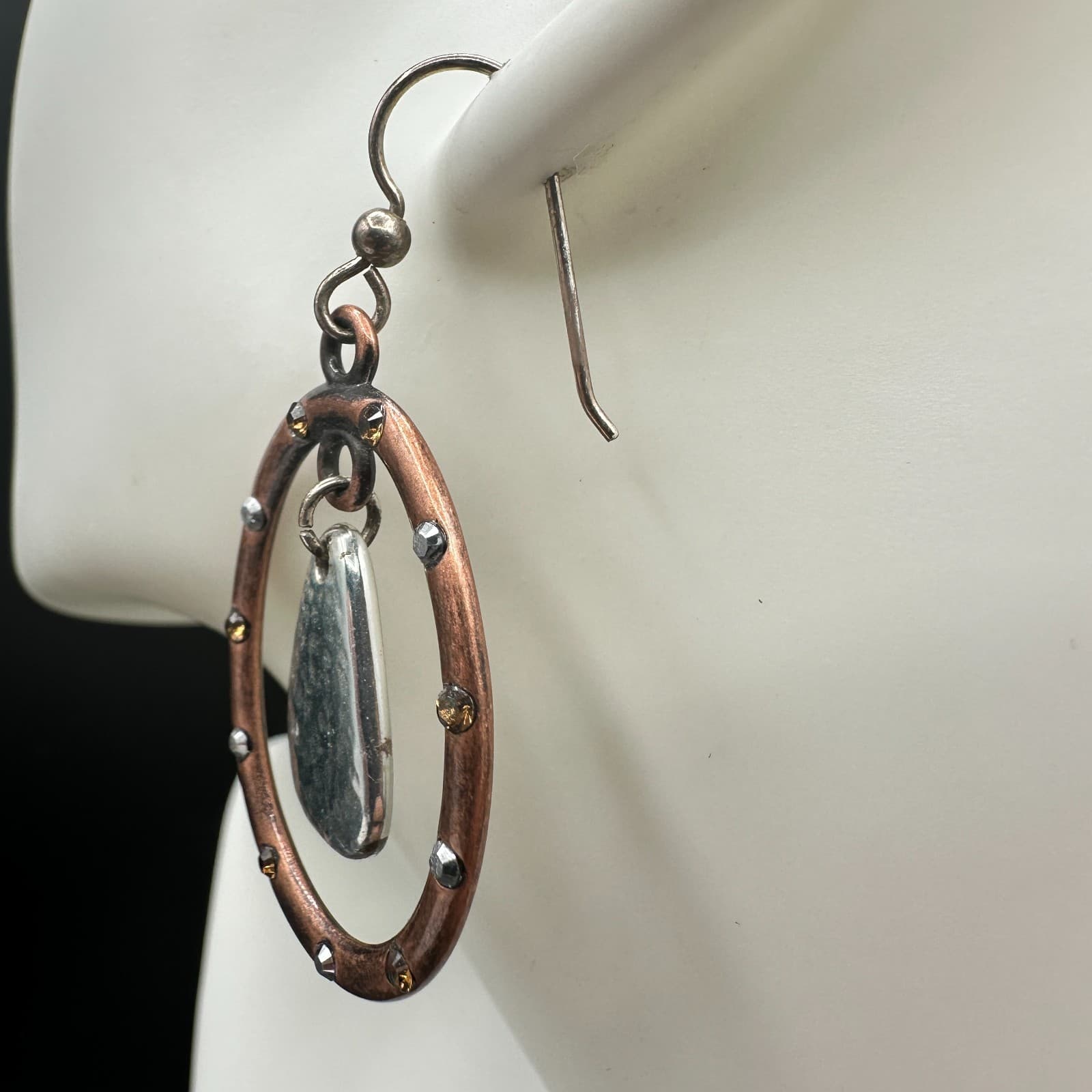 VTG Copper Oval Dangle Earrings Hammered Silver Drop Accent Rhinestone Hook Boho - Thumbnail 8