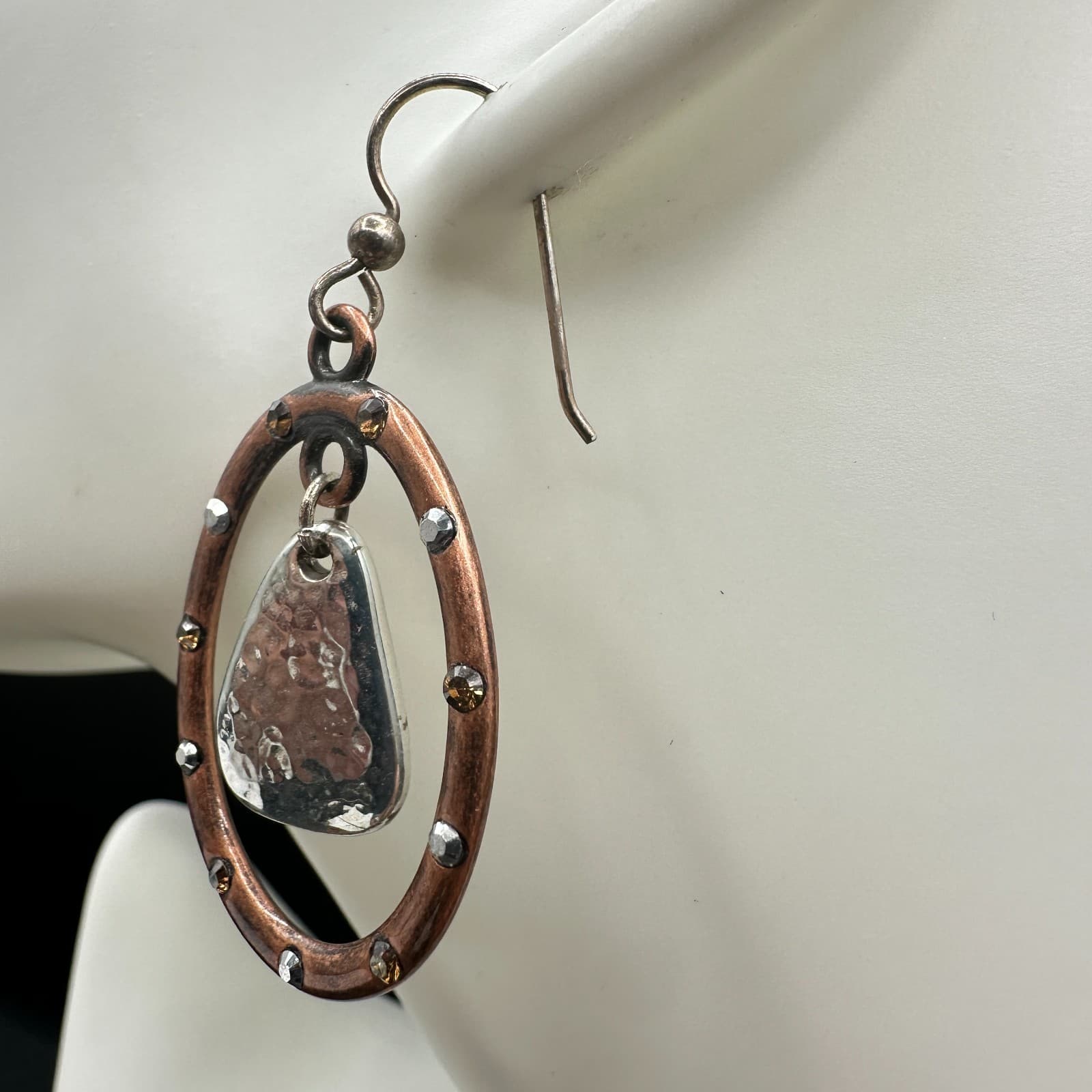 VTG Copper Oval Dangle Earrings Hammered Silver Drop Accent Rhinestone Hook Boho - Thumbnail 7