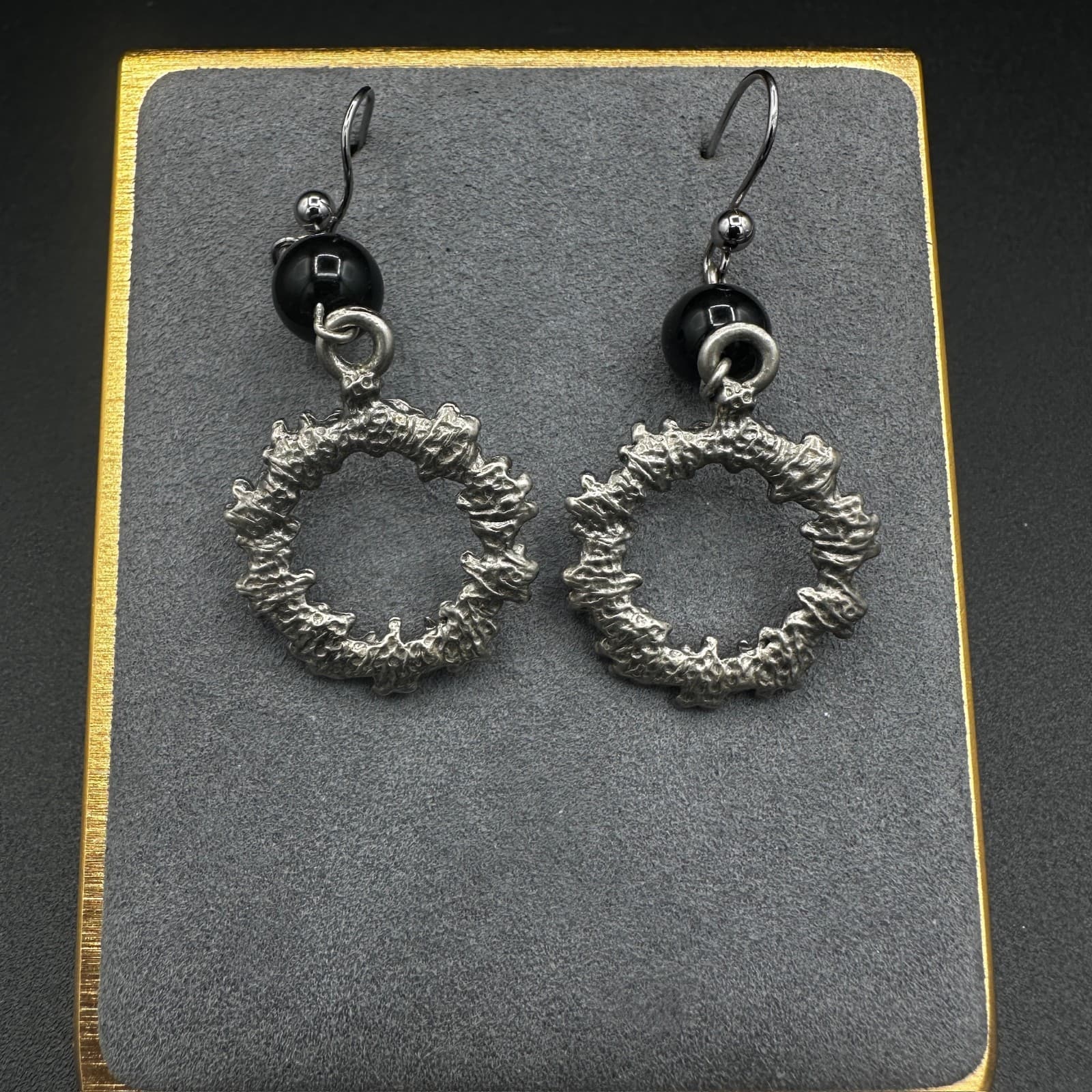 Vintage Sliver and Black Beads Gemstone Ear Wire Dangle Earrings Fashion 1.25'' - Thumbnail 5