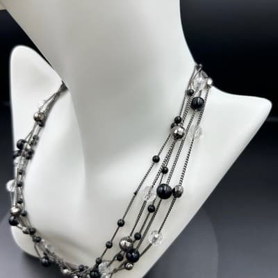 Vintage Glass & Crystal Beaded Multi-Strand Necklace Black & Clear Y2K 90s 2000s - Thumbnail 3