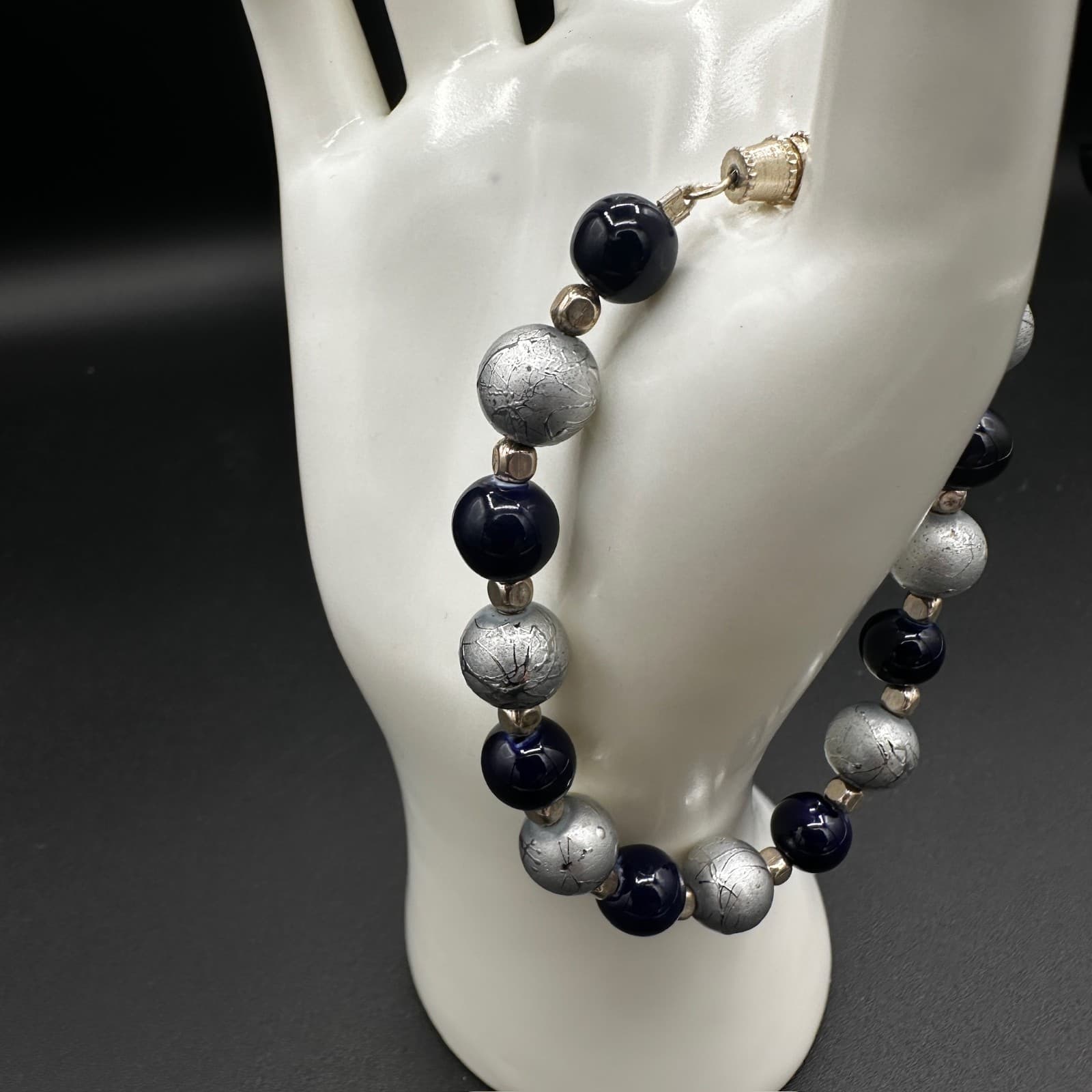 Vintage Handmade Blue & Silver Beaded Crystal Pearl Bracelet Boho Style 7'' - Thumbnail 3