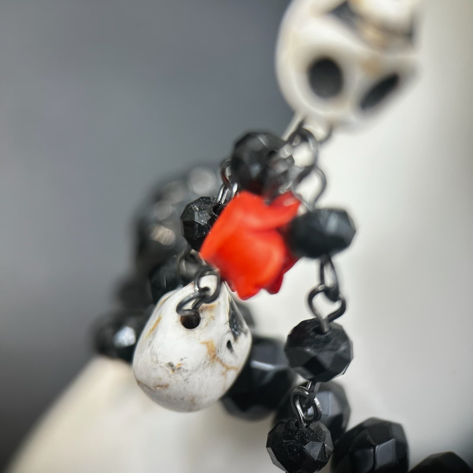 Vintage Day of the Dead Aesthetic Skull & Red Rose Hand Chain Bracelet 6.5" - Thumbnail 3