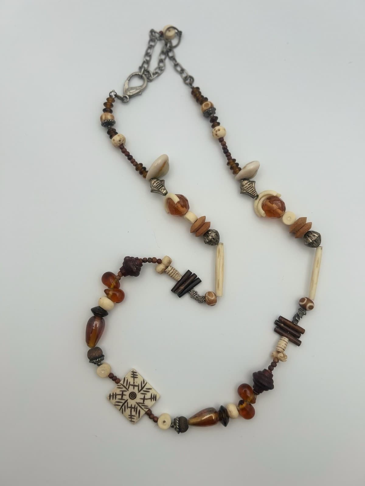 Vintage Tribal Beaded Necklace Amber Bone Ethnic Boho Pendant Jewelry - Thumbnail 2