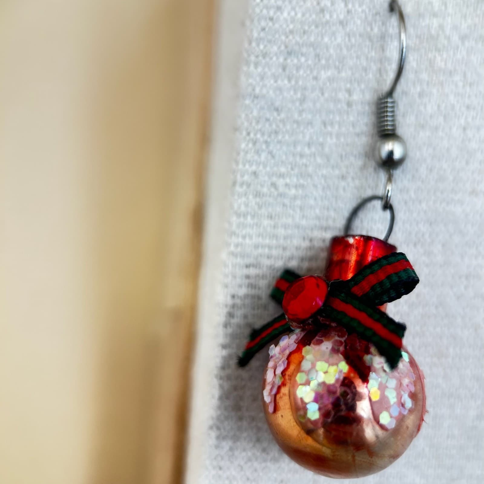 Vintage Handmade Holiday Red & Gold Bead Dangle Earrings with Ribbon Bow Accent - Thumbnail 3