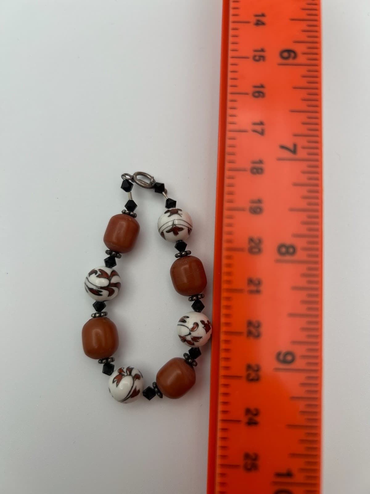 Vintage Beaded Bracelet Brown Glass & Hand-Painted Ceramic Floral Beads - Thumbnail 7